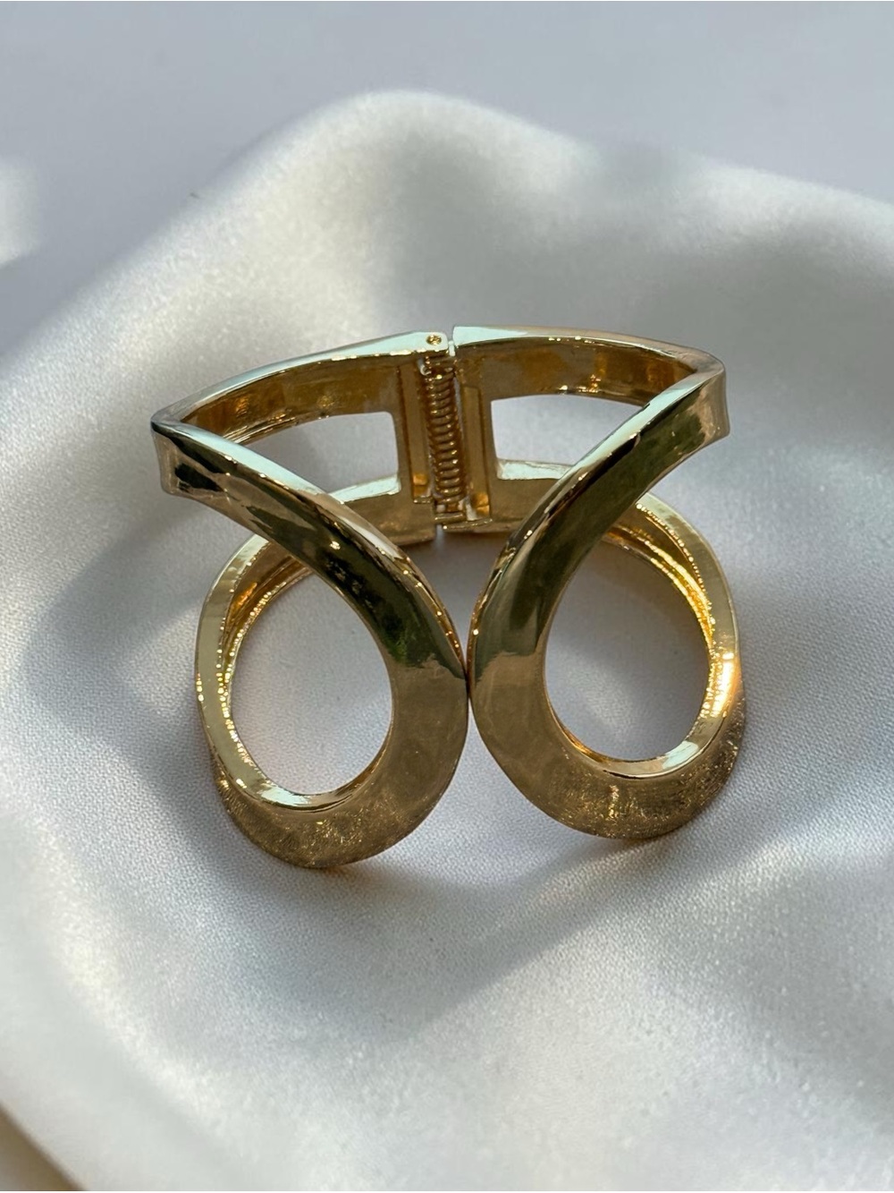 Eye Candy Gold Tone Sculptural Hinged Bangle Bracelet | Modern Statement Cuff